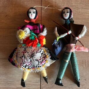 Vintage Portugal Sintra Folk Art String Dolls Handmade Yarn Doll Man & Woman